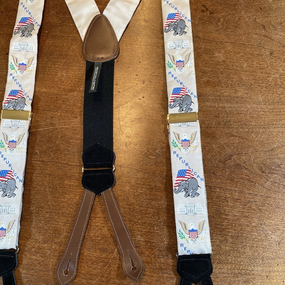 Vintage 80 Elephant Suspenders State Of Braces Patriotic Republican Seal Of USA - Picture 2 of 7